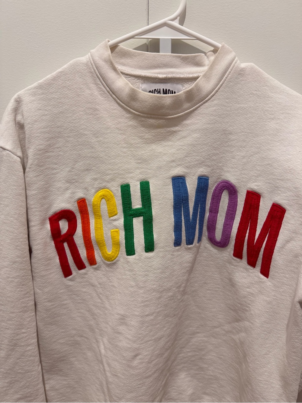 Rich Mom Cream Crewneck Sweatshirt with Rainbow Appliqué size S gently worn
